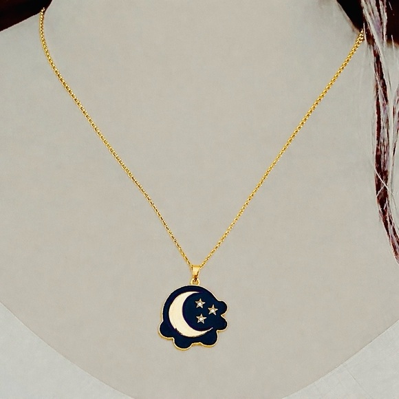 “Starry Skies” Night Sky Gold Crescent Half Moon Sparkly Stellar Cloud Necklace - Picture 3 of 5